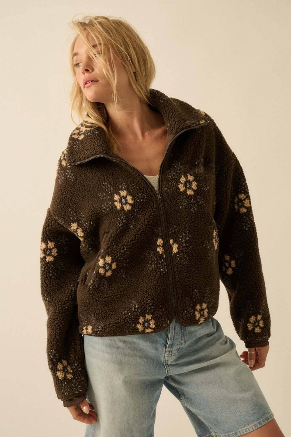 Everly Floral Print Sherpa Jacket in Brown