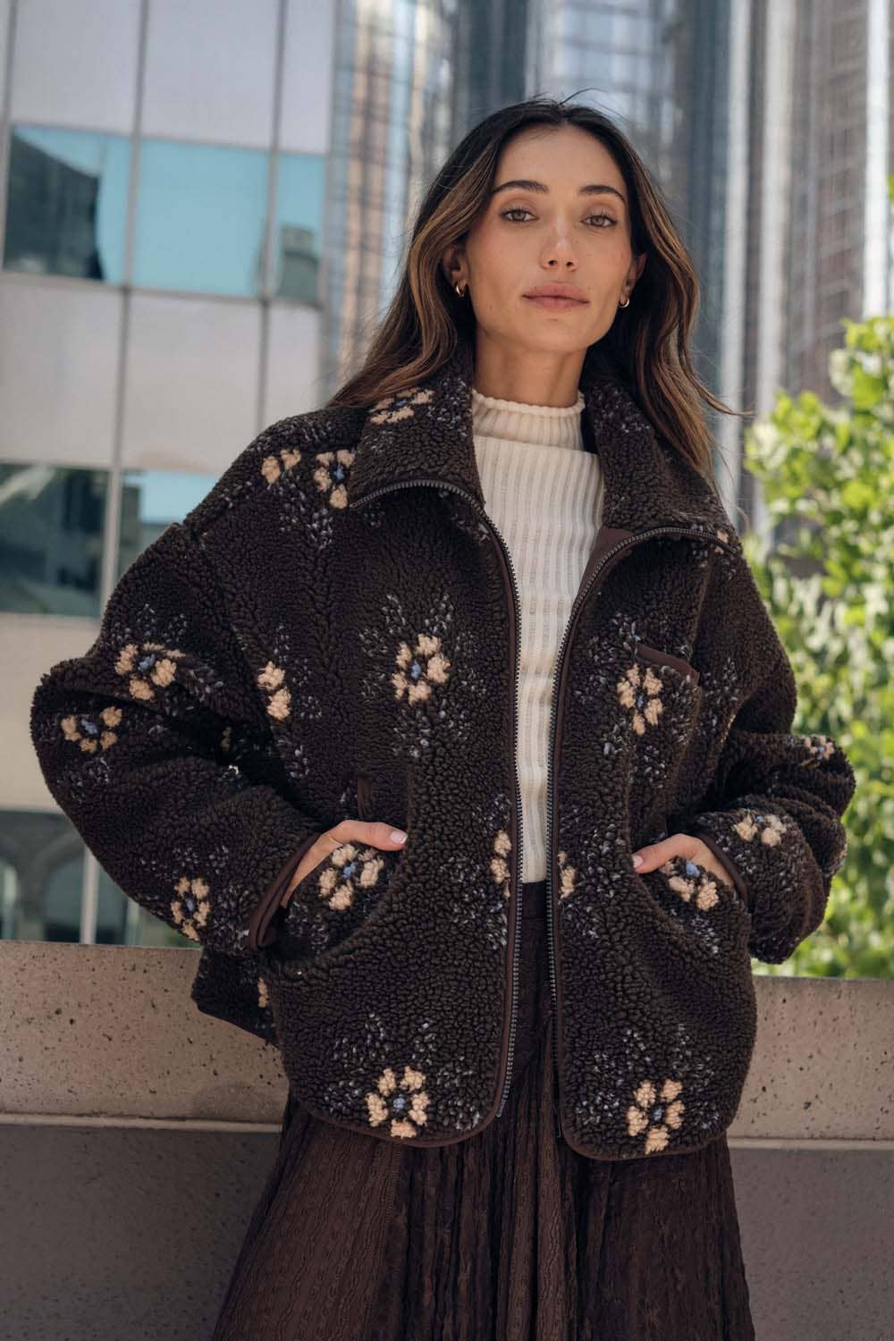Everly Floral Print Sherpa Jacket in Brown