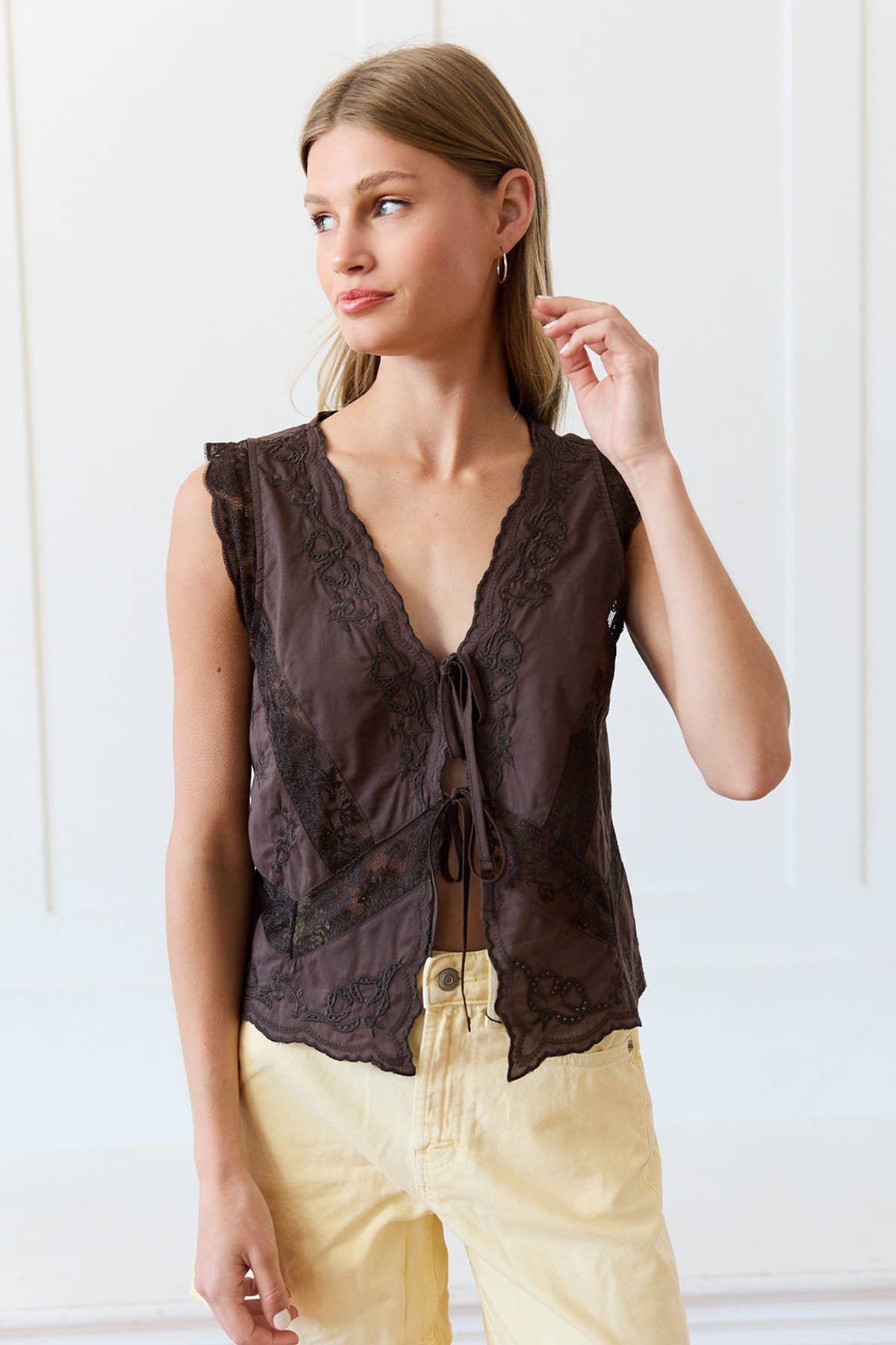 PRE-ORDER That Girl Lace Trim Tie-Front Top