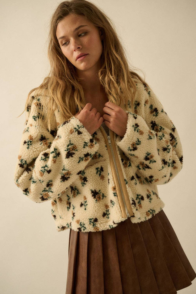Floral Sherpa Fleece Hooded Jacket