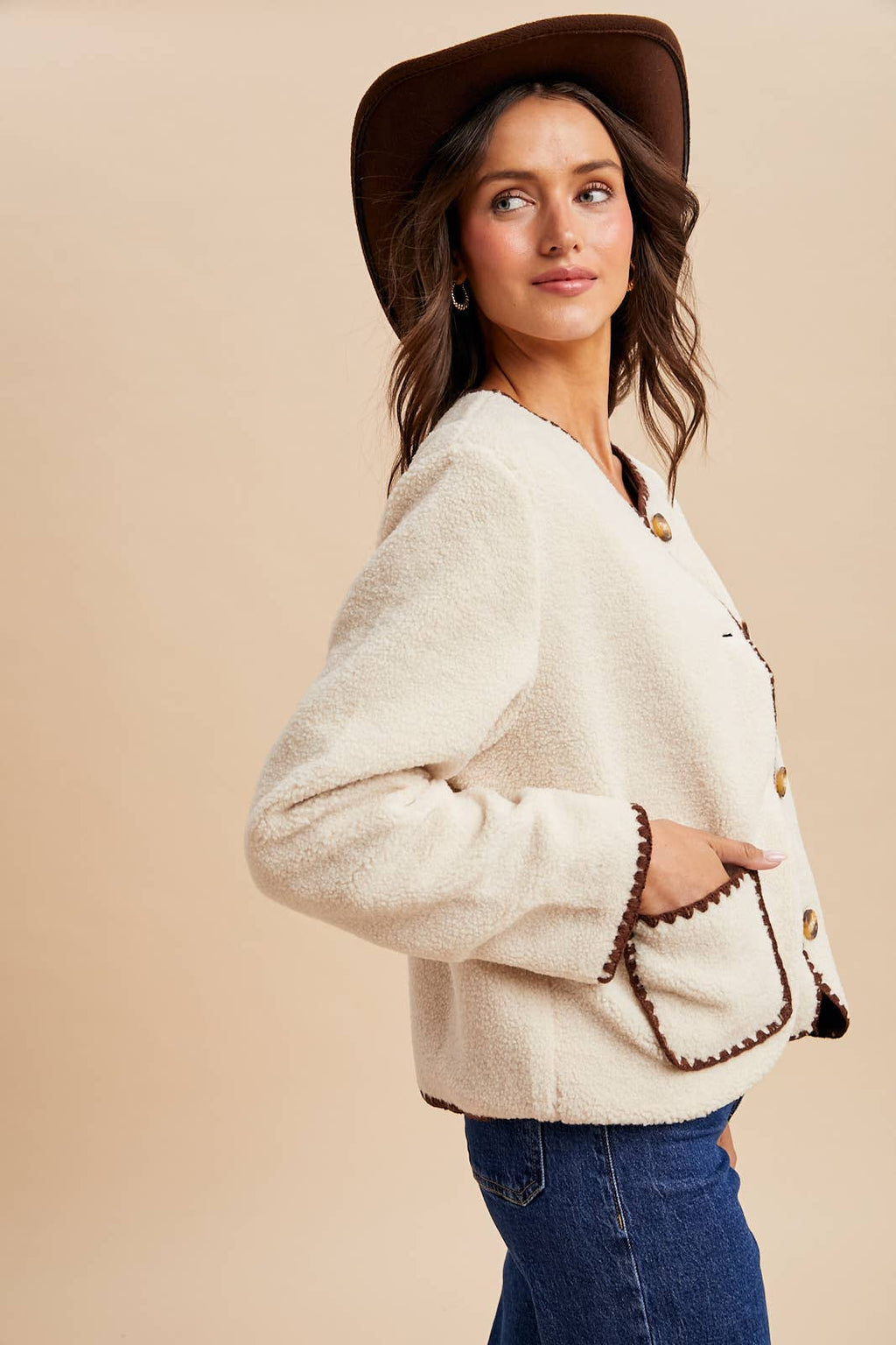 Cora Contrast Stitch Sherpa Cardigan
