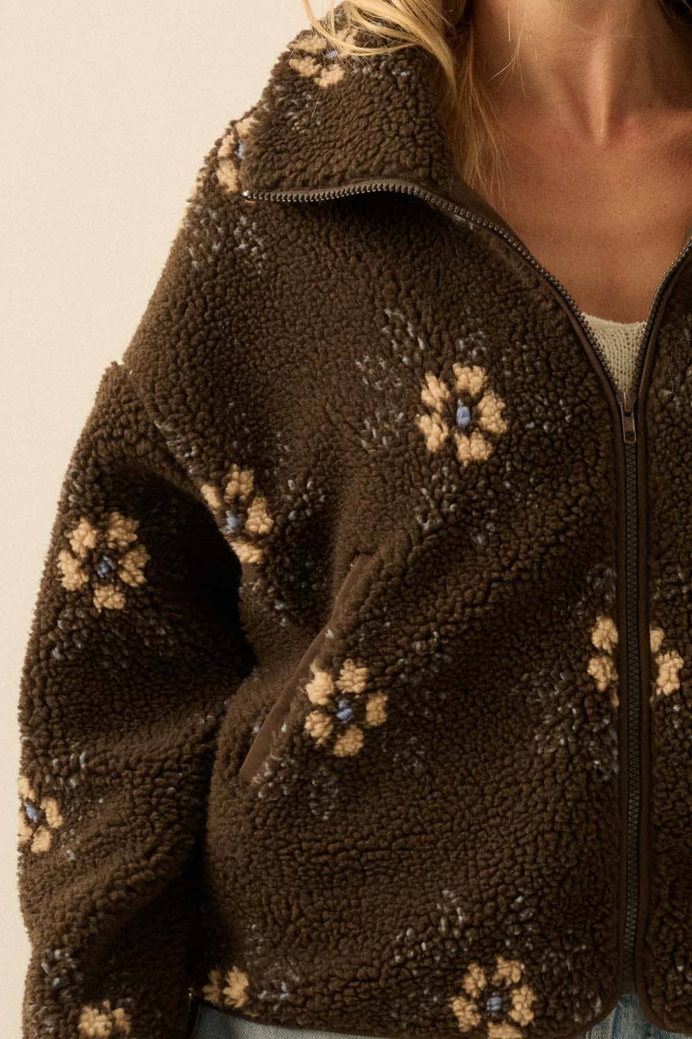 Everly Floral Print Sherpa Jacket in Brown