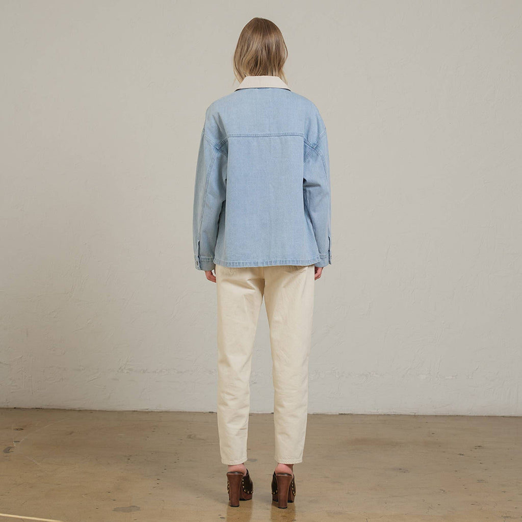 Cream Collar Contrast Light Wash Denim Jacket