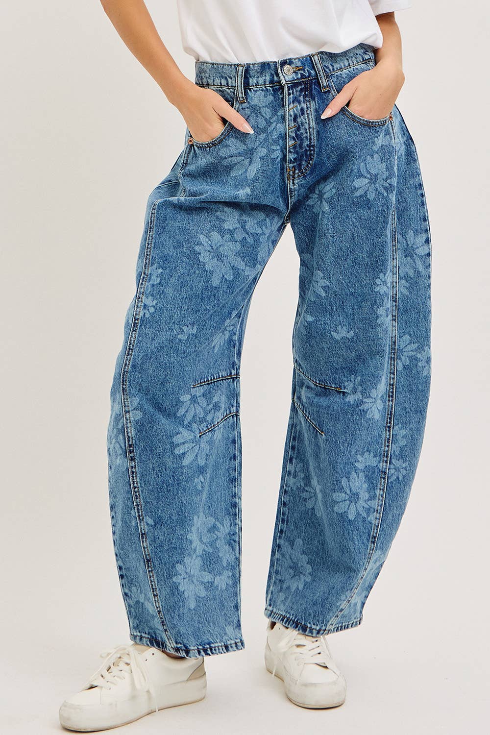 Calla Floral Print Barrel Jeans