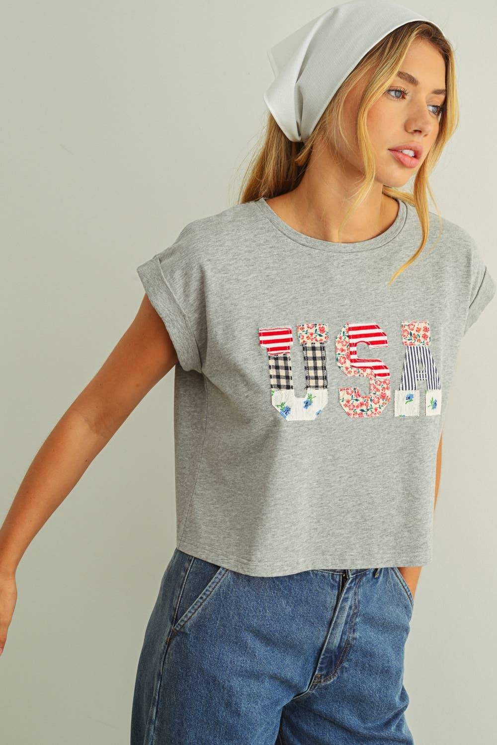 USA Floral Patchwork Tee in Grey