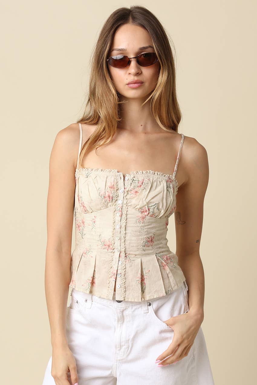 Briley Floral Corset Cami Top in Olive & Fuchsia