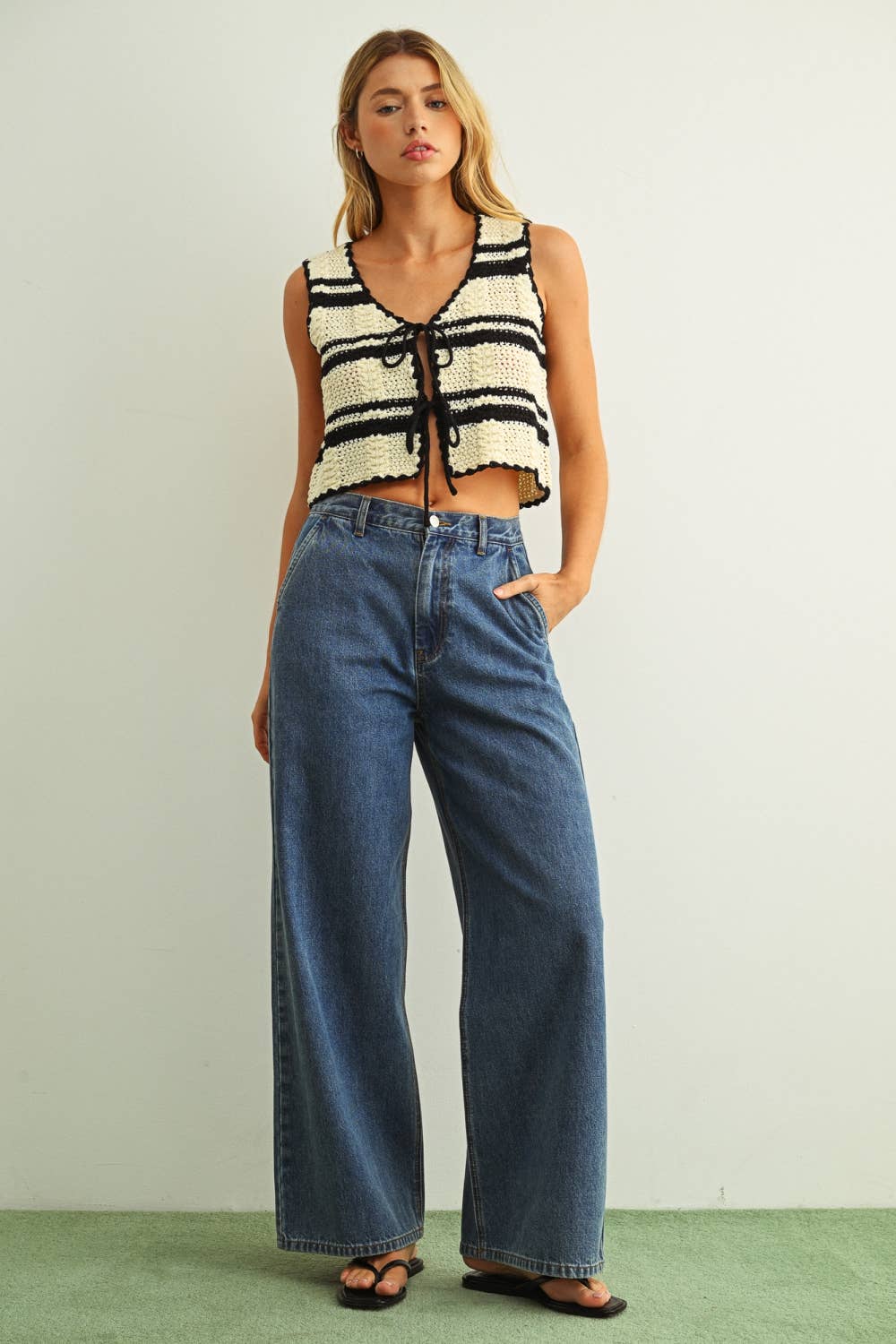 Hazel Crochet Tie-Front Top in Beige & Black
