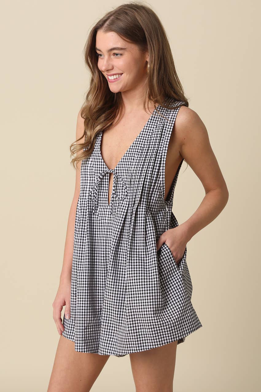Hailey Gingham Tie-Front Romper in Black & White