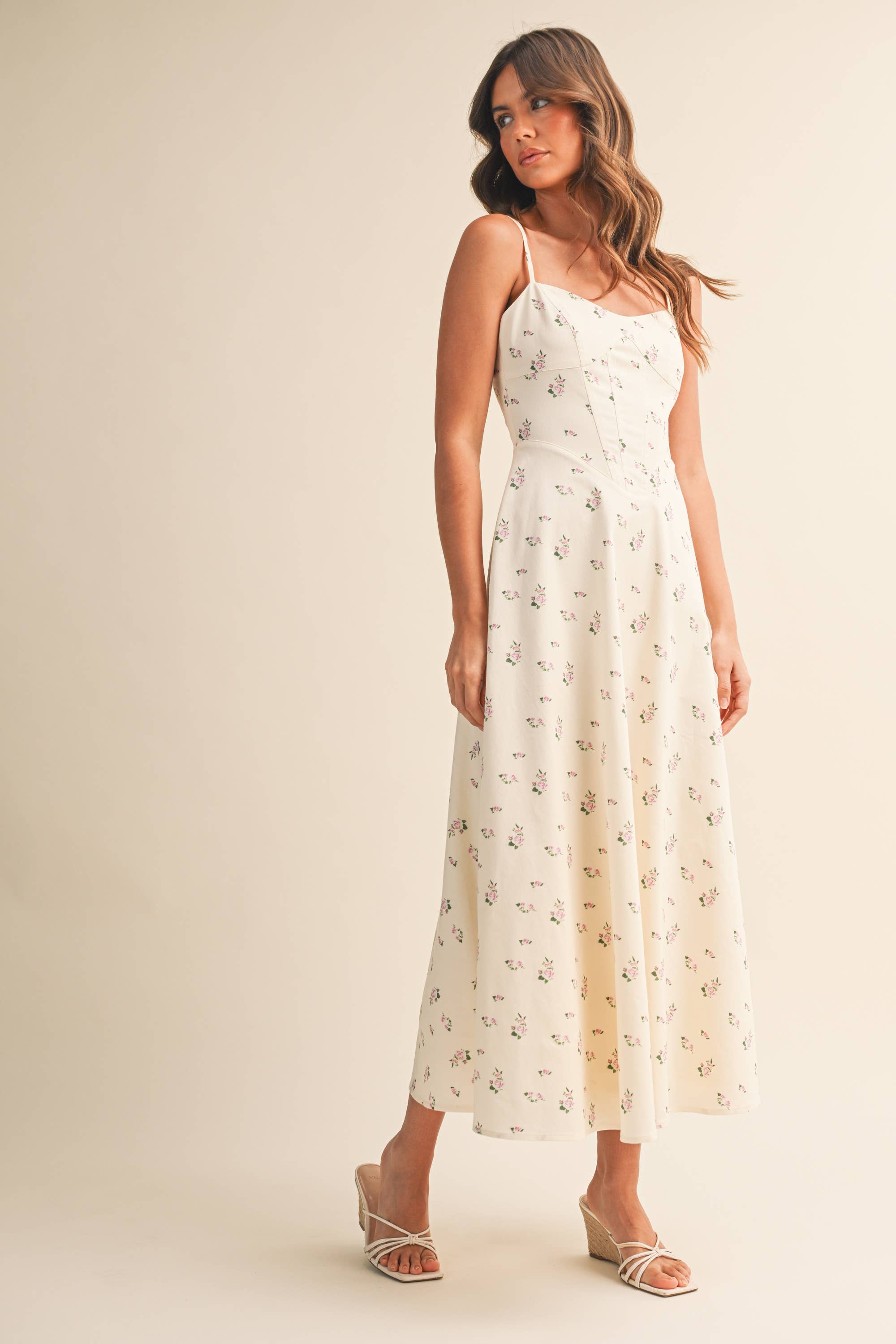 Vivienne Floral Panel Midi Dress in Cream