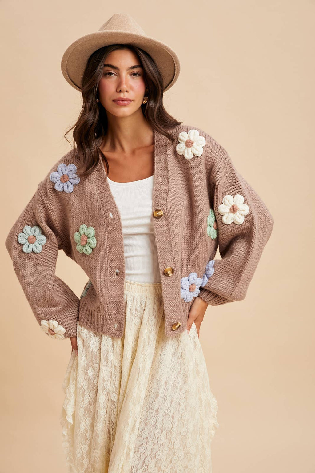 Oakley Floral Appliqué Cardigan in Taupe