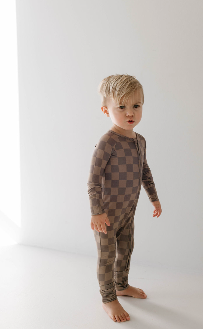 Brown Checkerboard Zip Pajamas