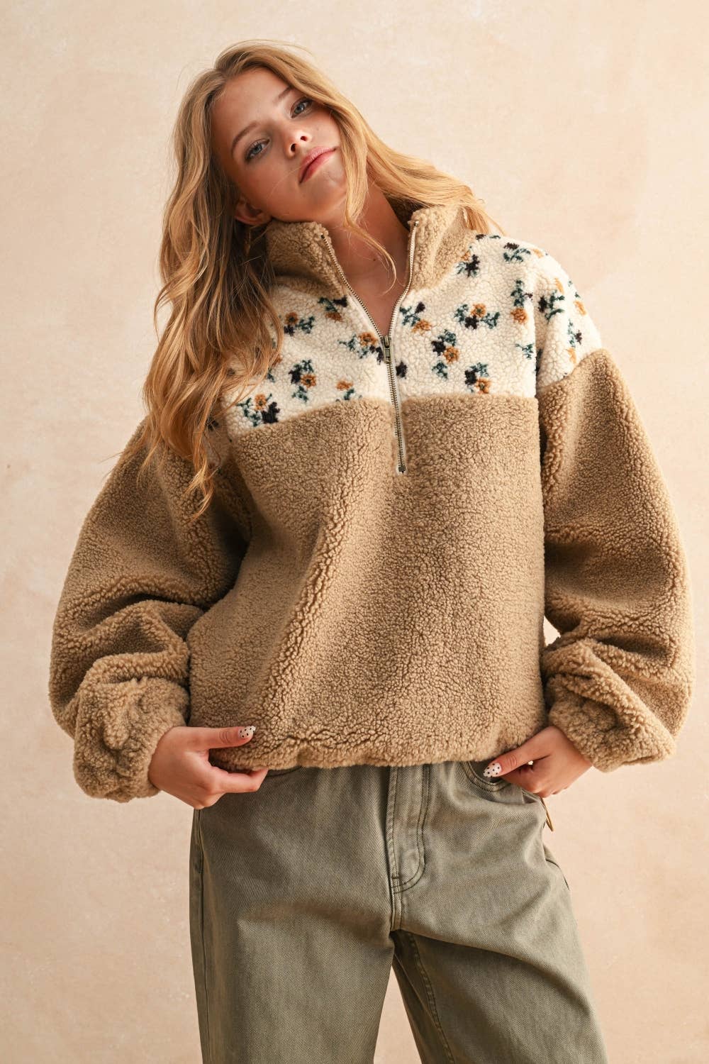 Floral Cozy Half Zip Sherpa