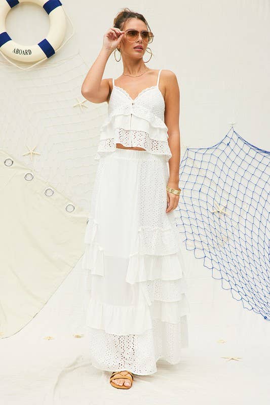 Court Eyelet Ruffle Maxi Skirt