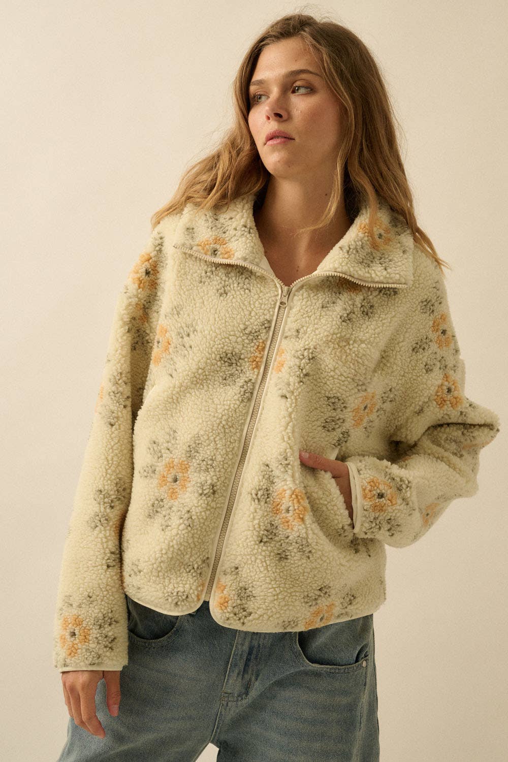 Everly Floral Print Sherpa Jacket in Cream