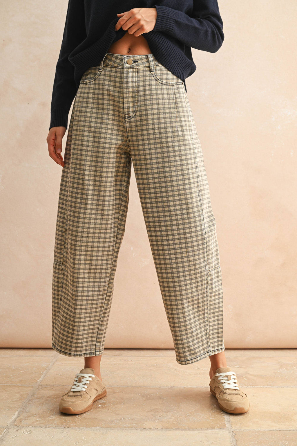 Autumn Grid Barrel Pants in Tan