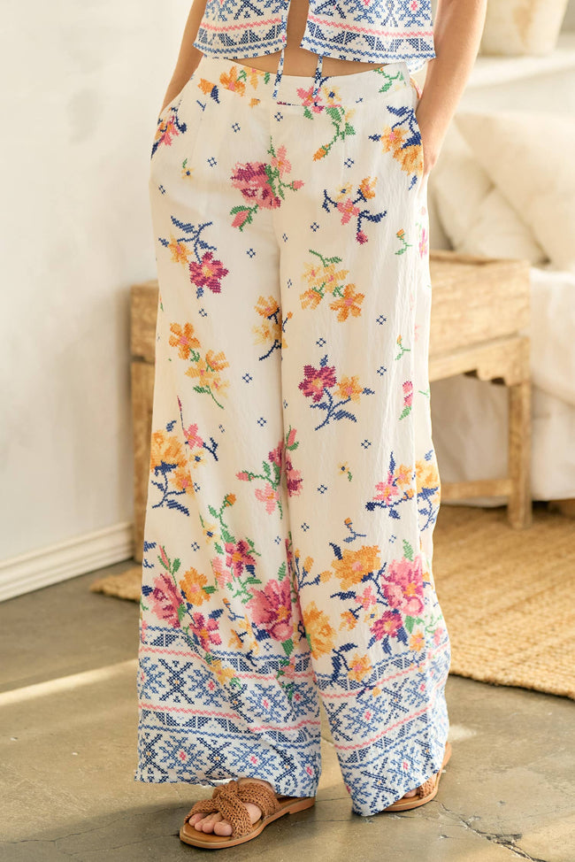 Capri White Floral Print Pants