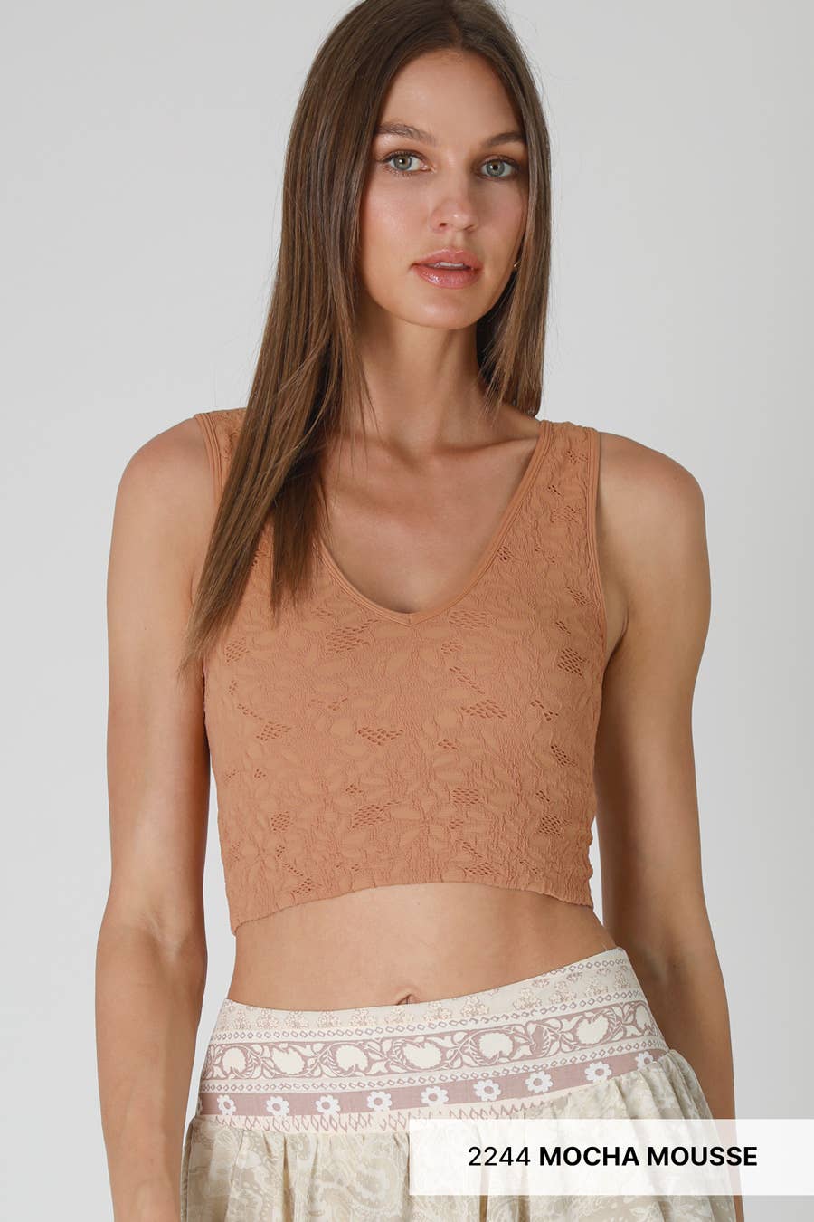 Lace V Neck Tank Top in Mocha Mousse