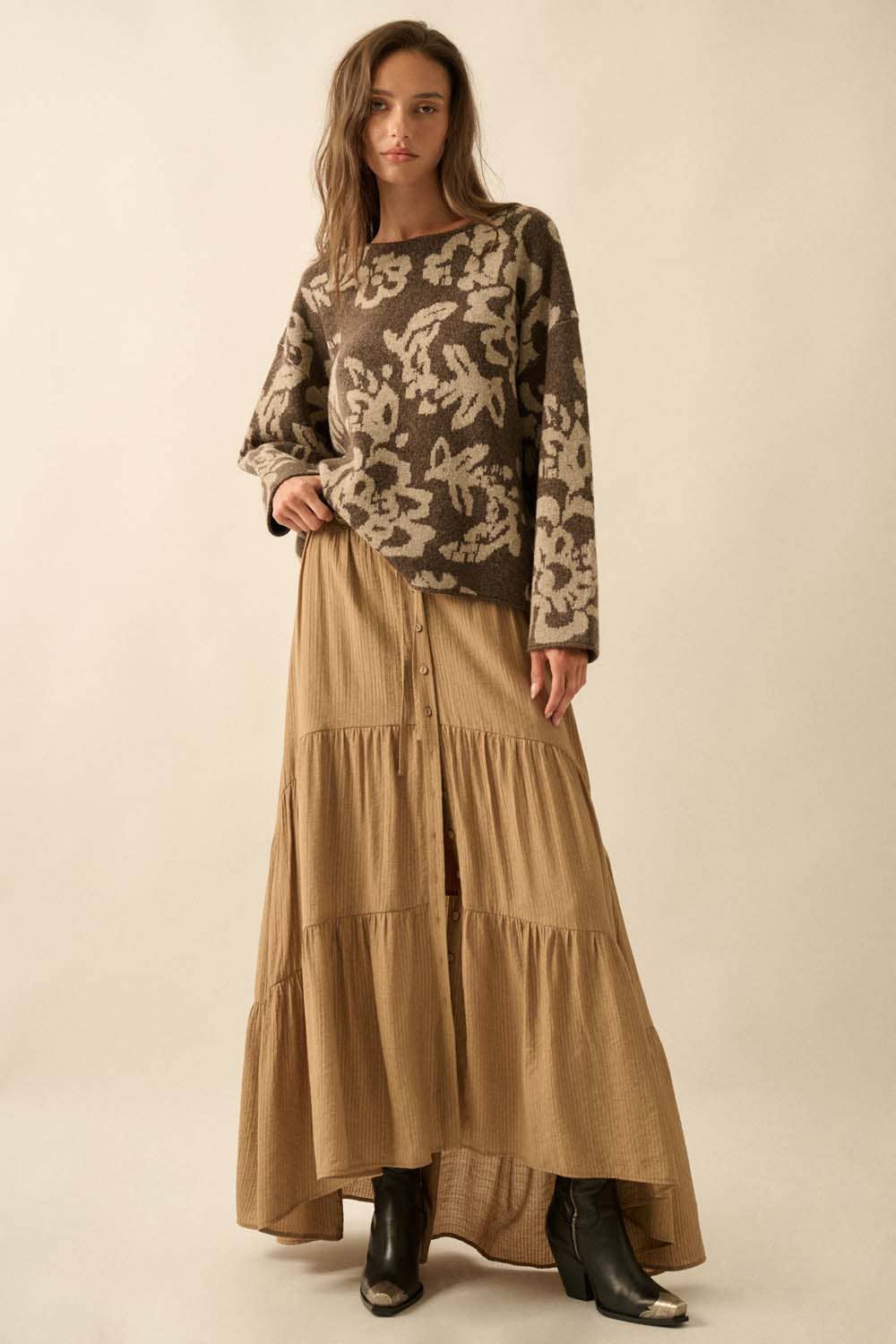 Abstract Bloom Jacquard Sweater in Chocolate