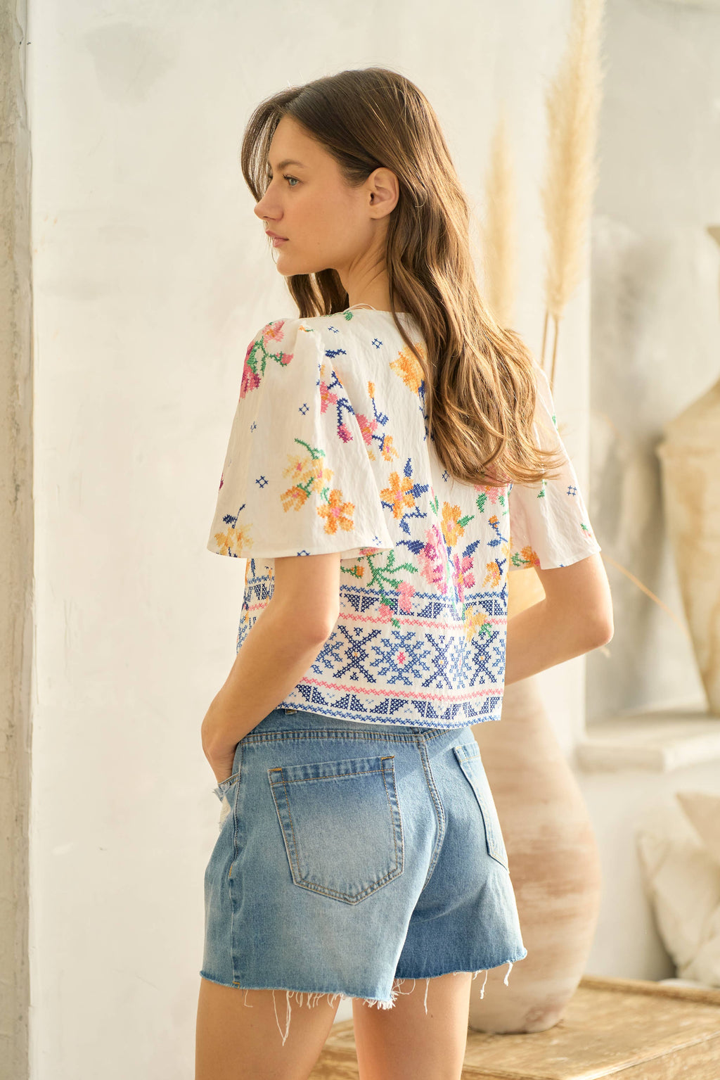 Capri White Floral Print Tie Top