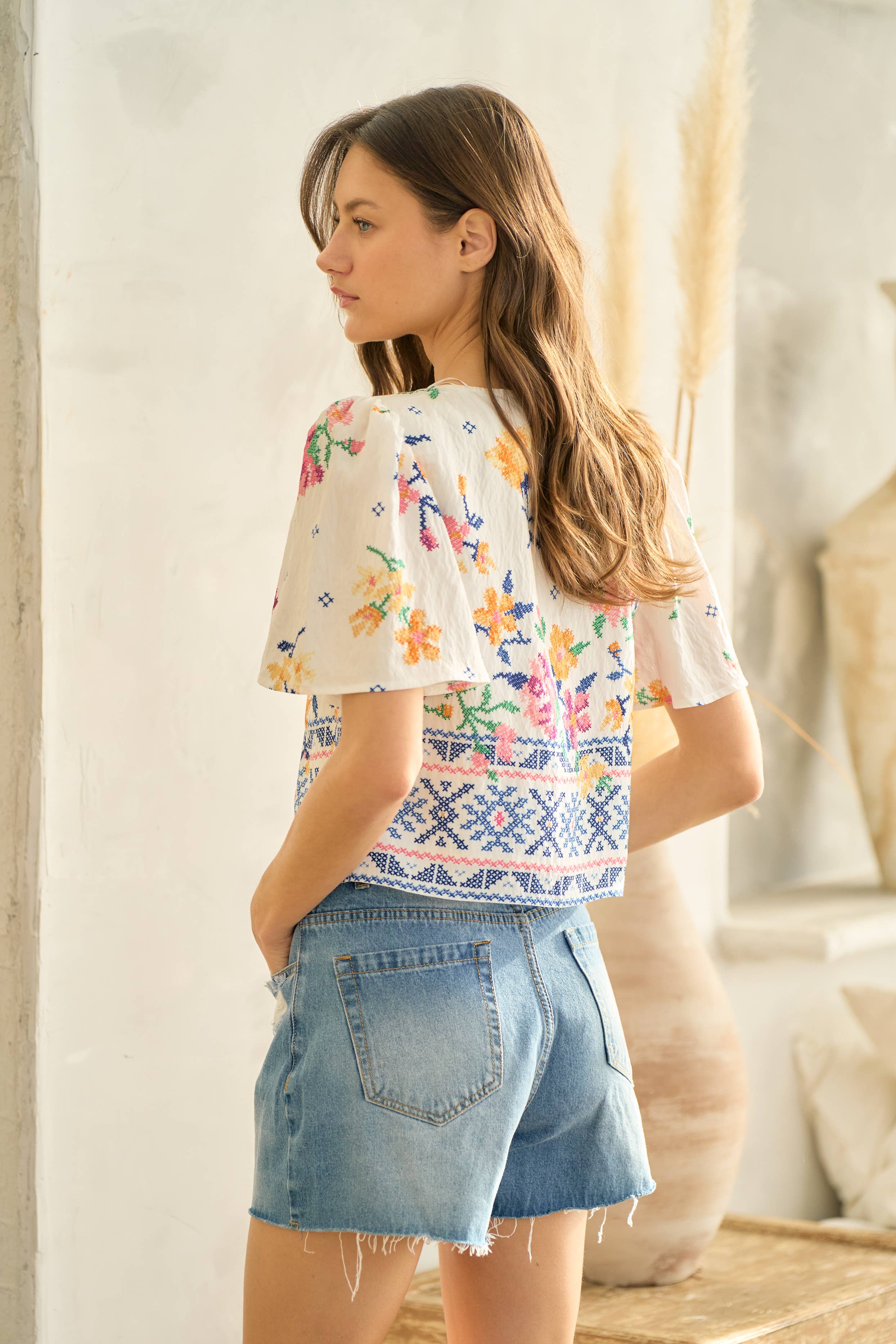 Capri White Floral Print Tie Top