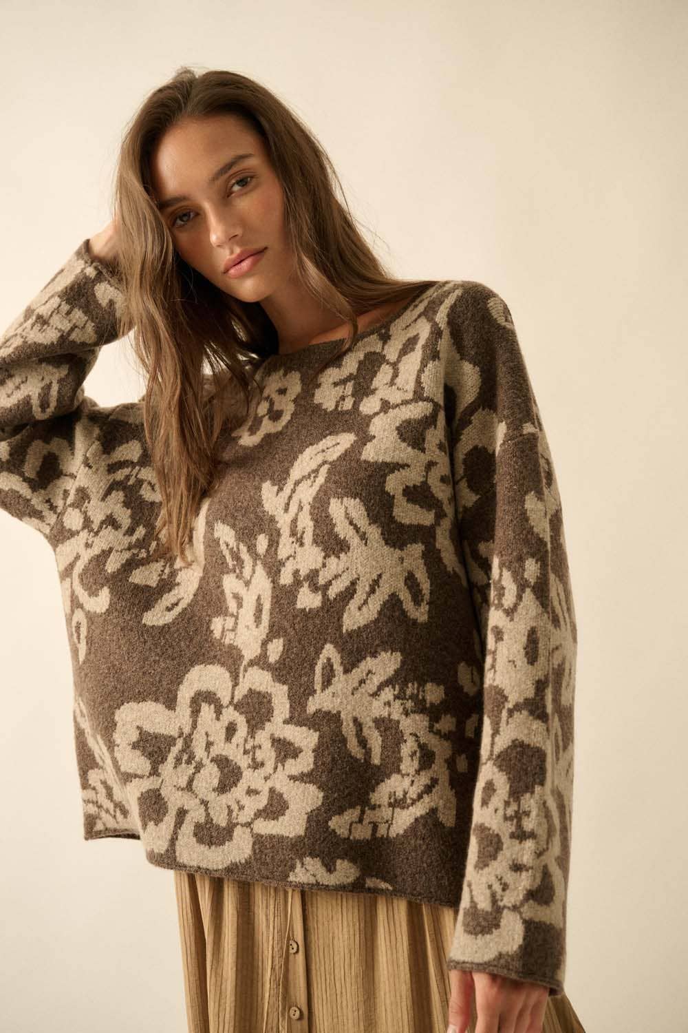 Abstract Bloom Jacquard Sweater in Chocolate
