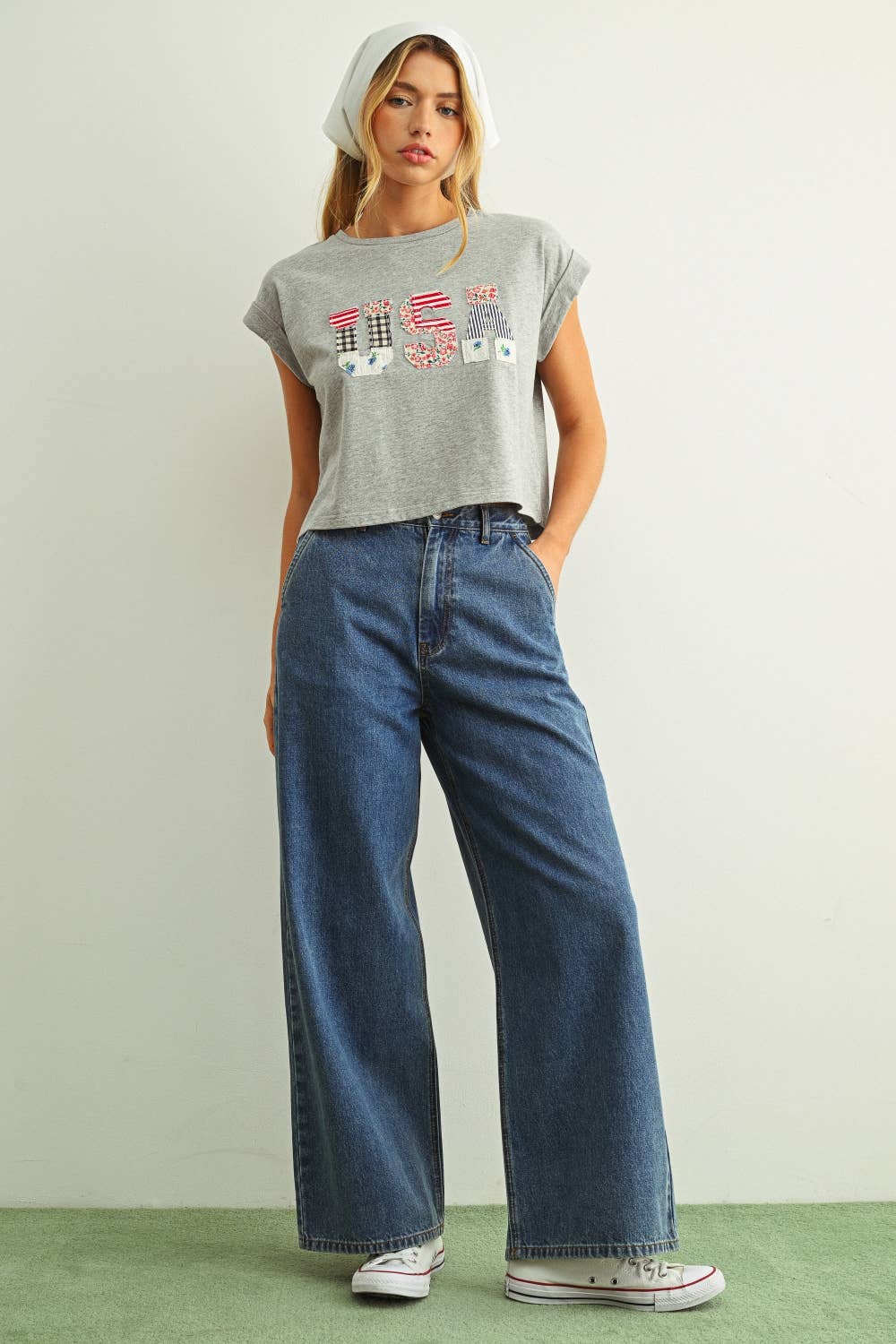 USA Floral Patchwork Tee in Grey
