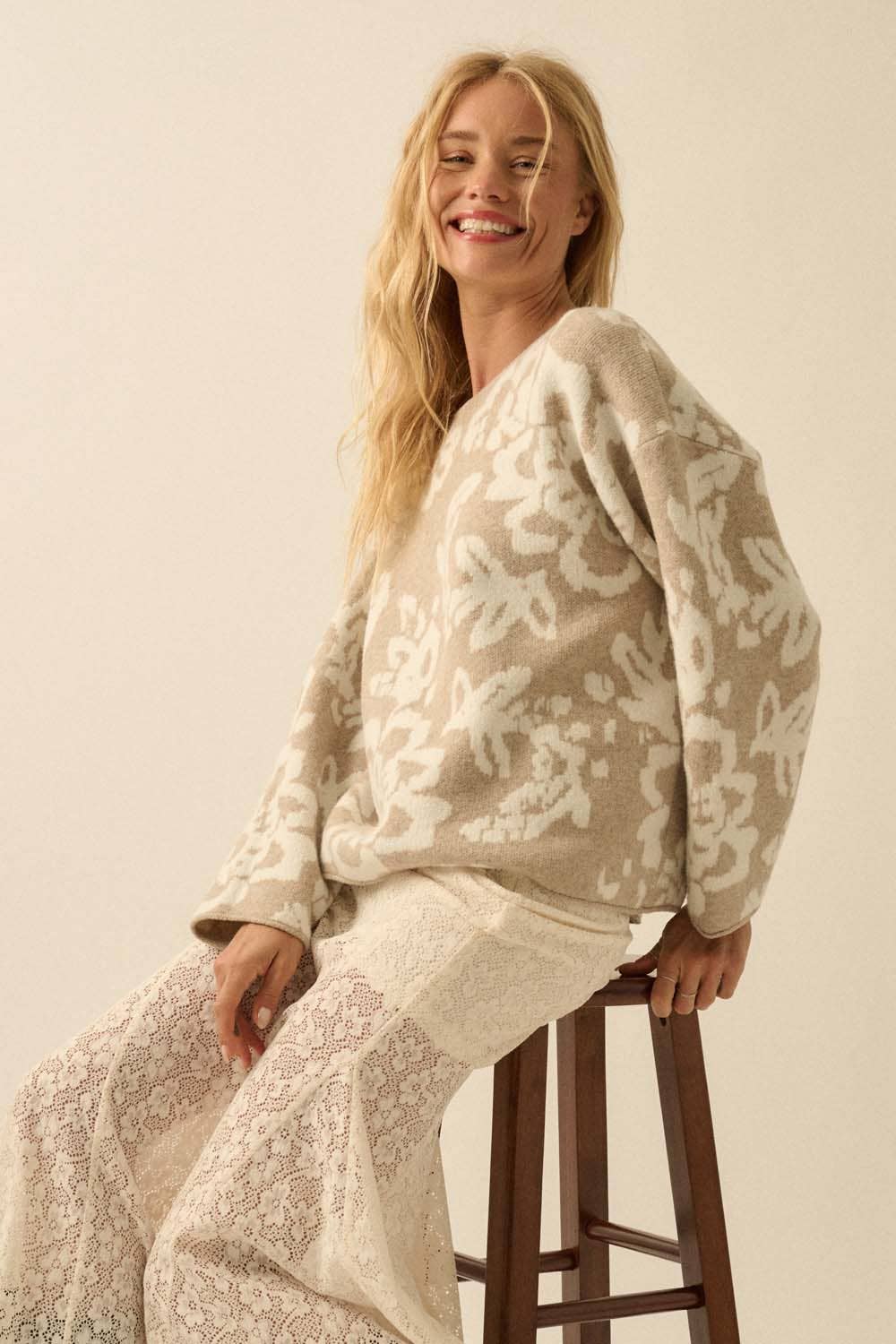 Abstract Bloom Jacquard Sweater in Sandstone