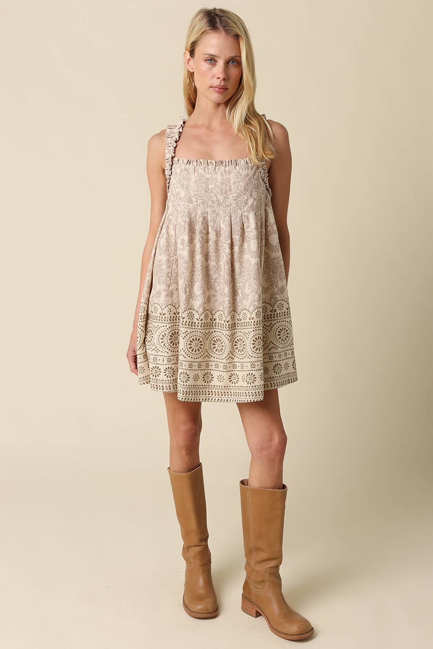 Chloe Printed Babydoll Mini Dress in Natural Khaki