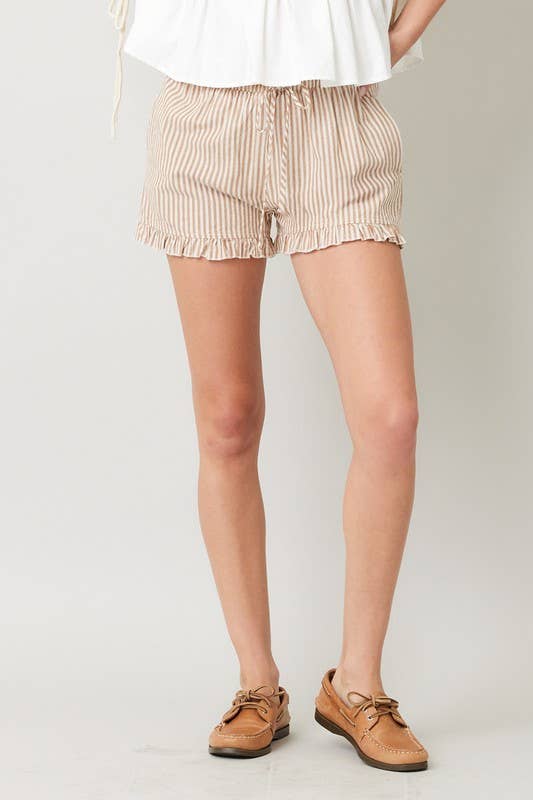 Poppy Striped Ruffle Shorts in Taupe
