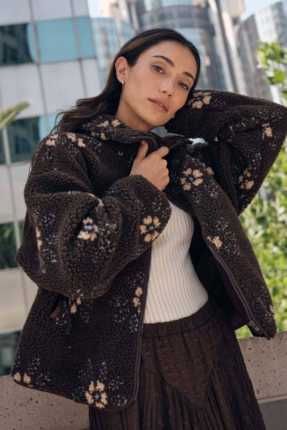 Everly Floral Print Sherpa Jacket in Brown