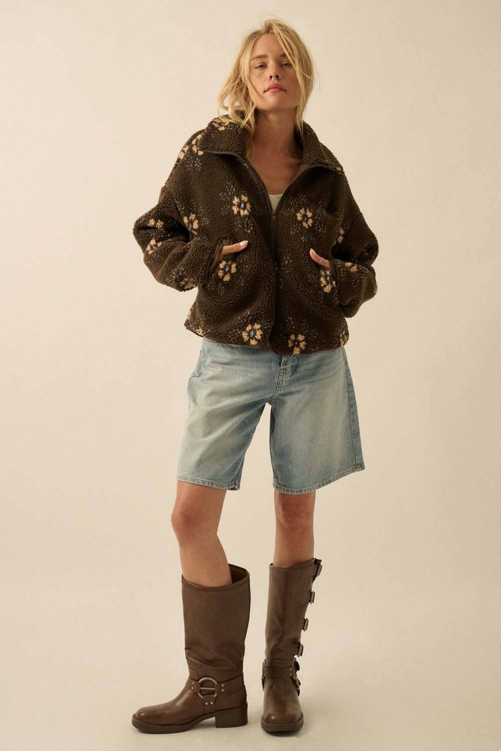 Everly Floral Print Sherpa Jacket in Brown
