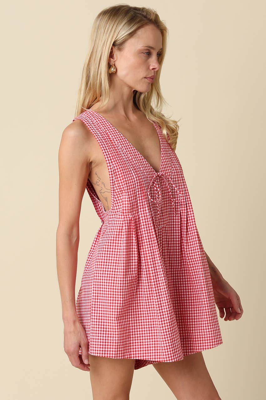 Hailey Gingham Tie-Front Romper in Black & White
