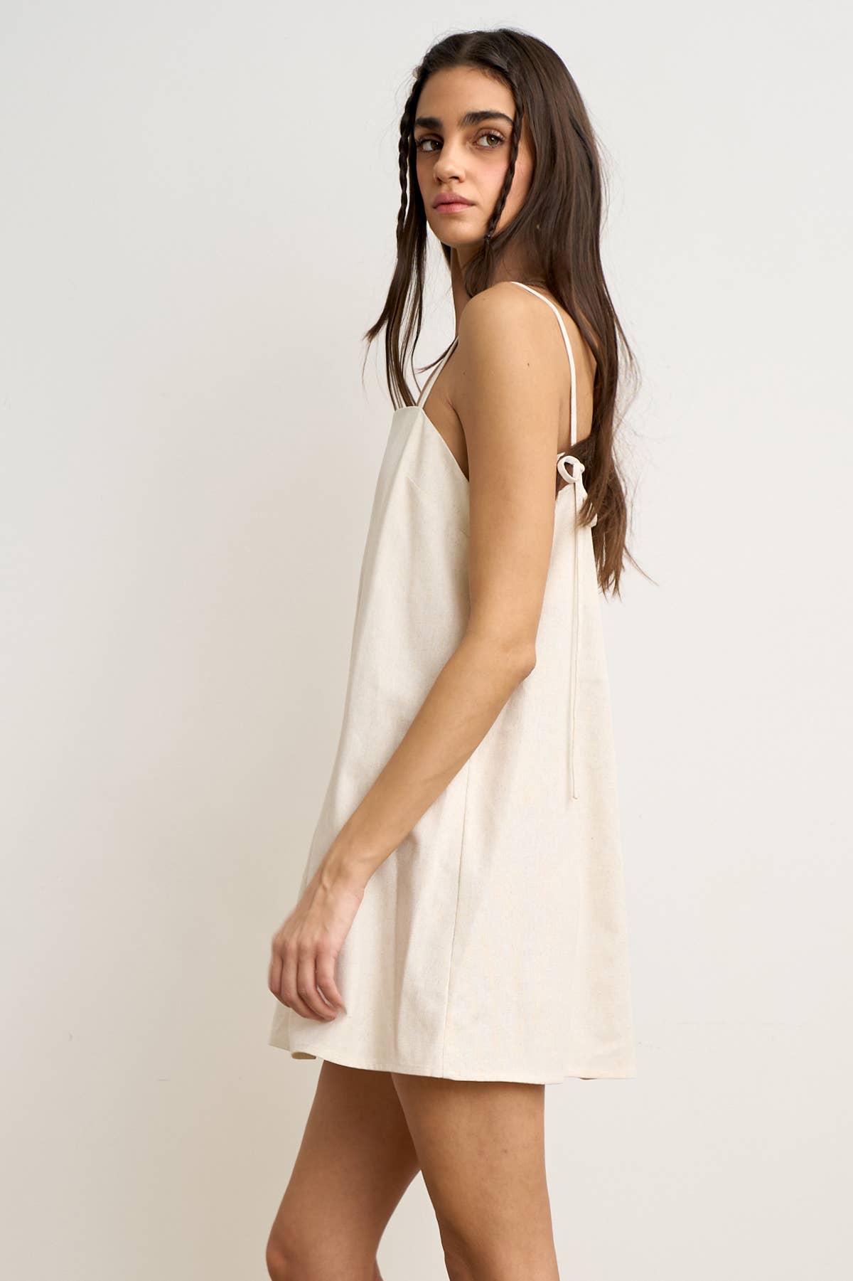 Coastal Linen Tie-Back Mini Dress in Oat