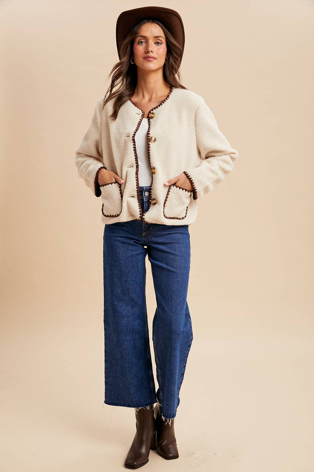 Cora Contrast Stitch Sherpa Cardigan