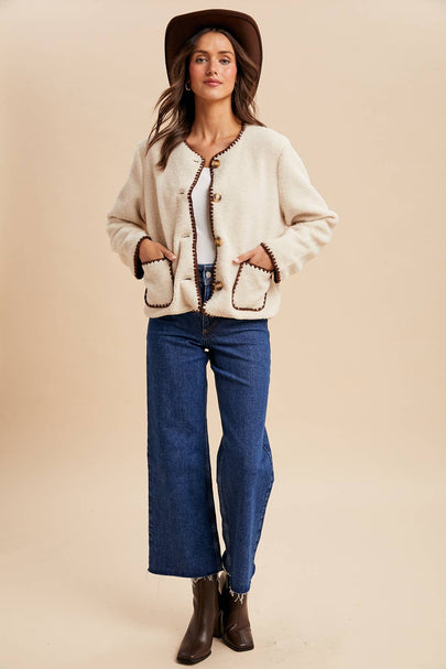 Cora Contrast Stitch Sherpa Cardigan