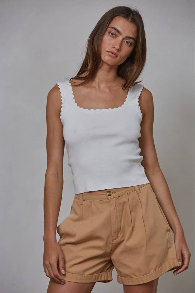 Hayes Knit Scalloped Trim Top in White