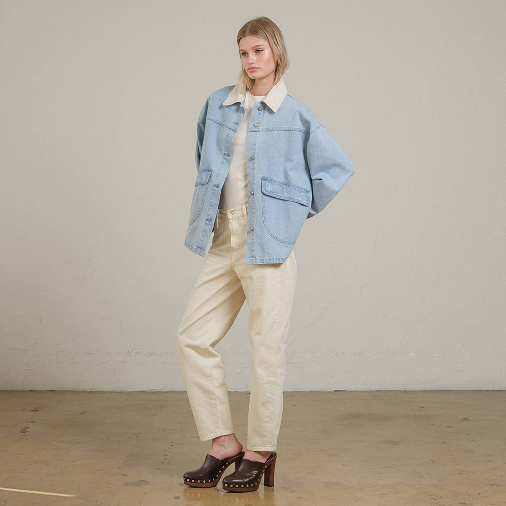 Cream Collar Contrast Light Wash Denim Jacket