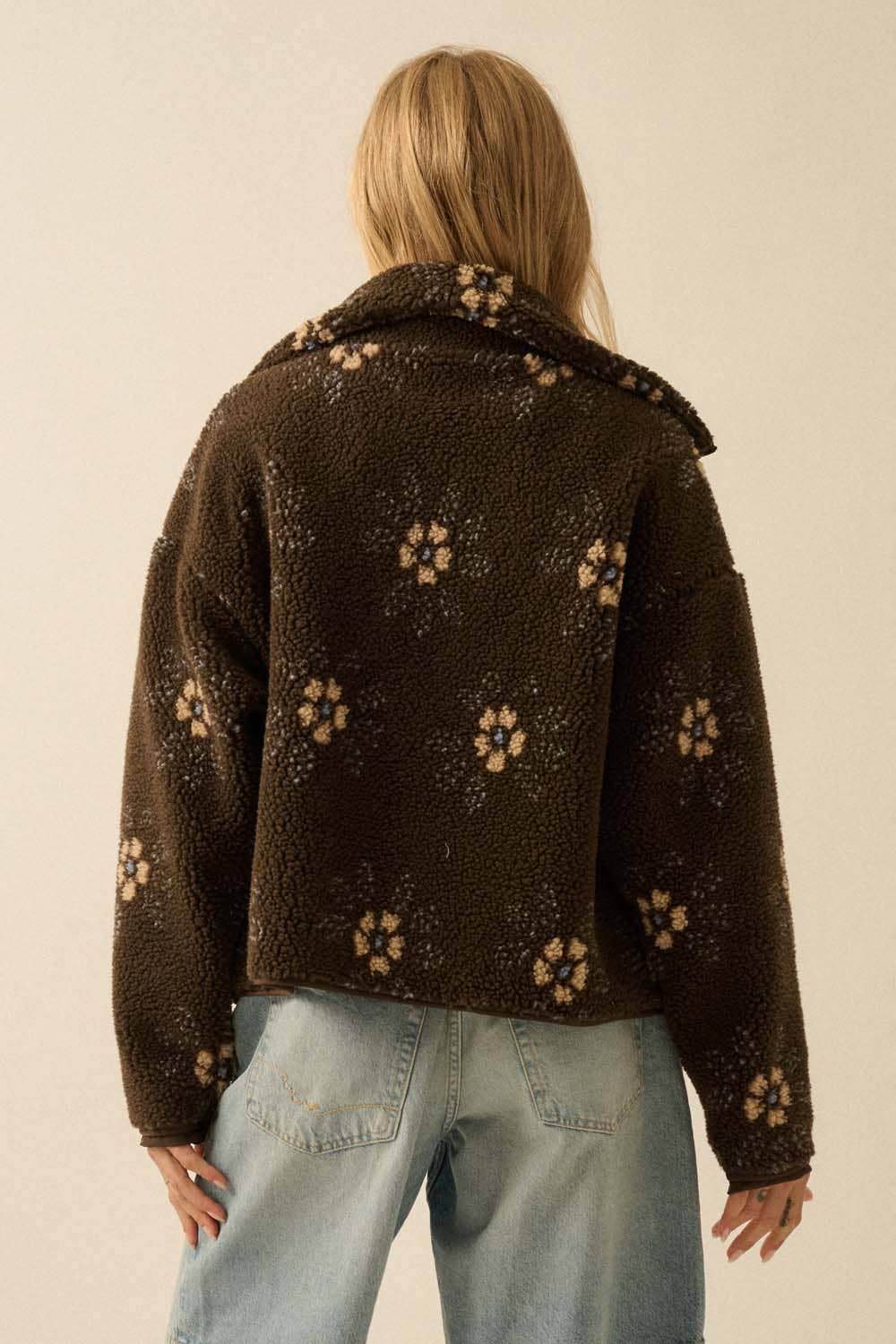 Everly Floral Print Sherpa Jacket in Brown
