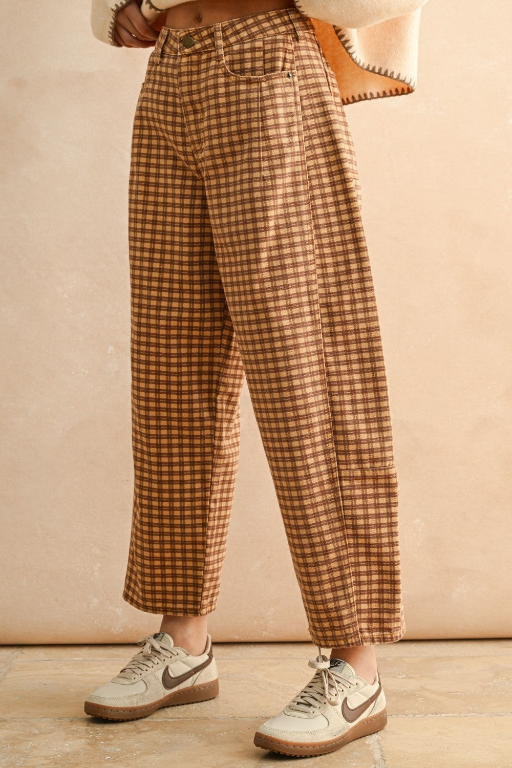 Autumn Grid Barrel Pants in Camel