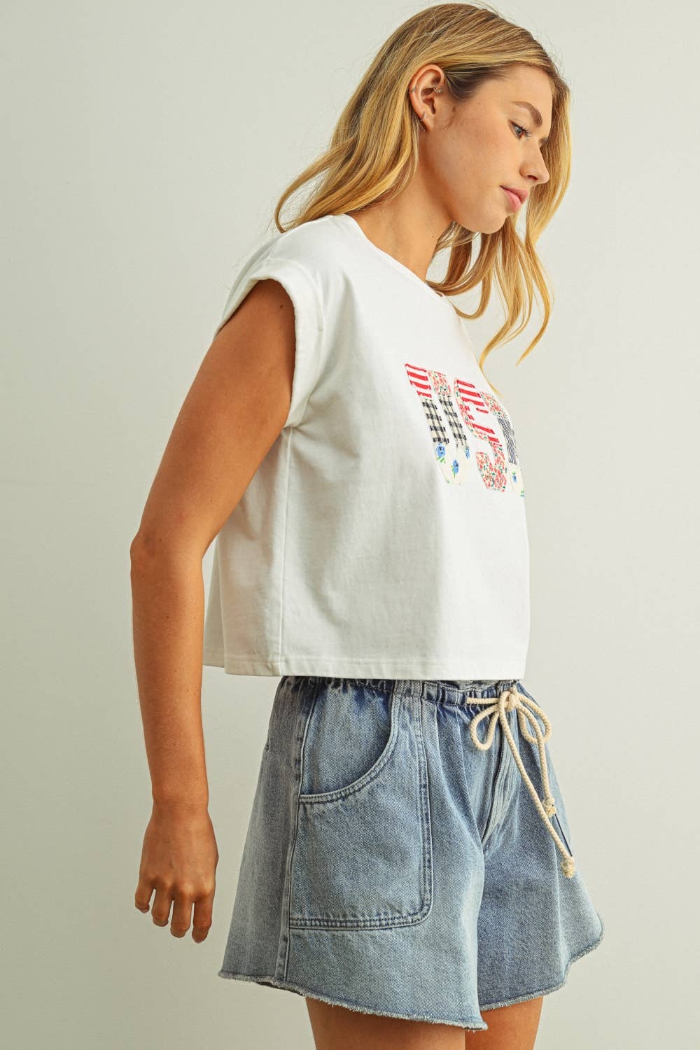 USA Floral Patchwork Tee in White