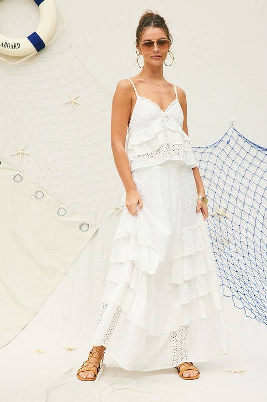 Court Eyelet Ruffle Maxi Skirt