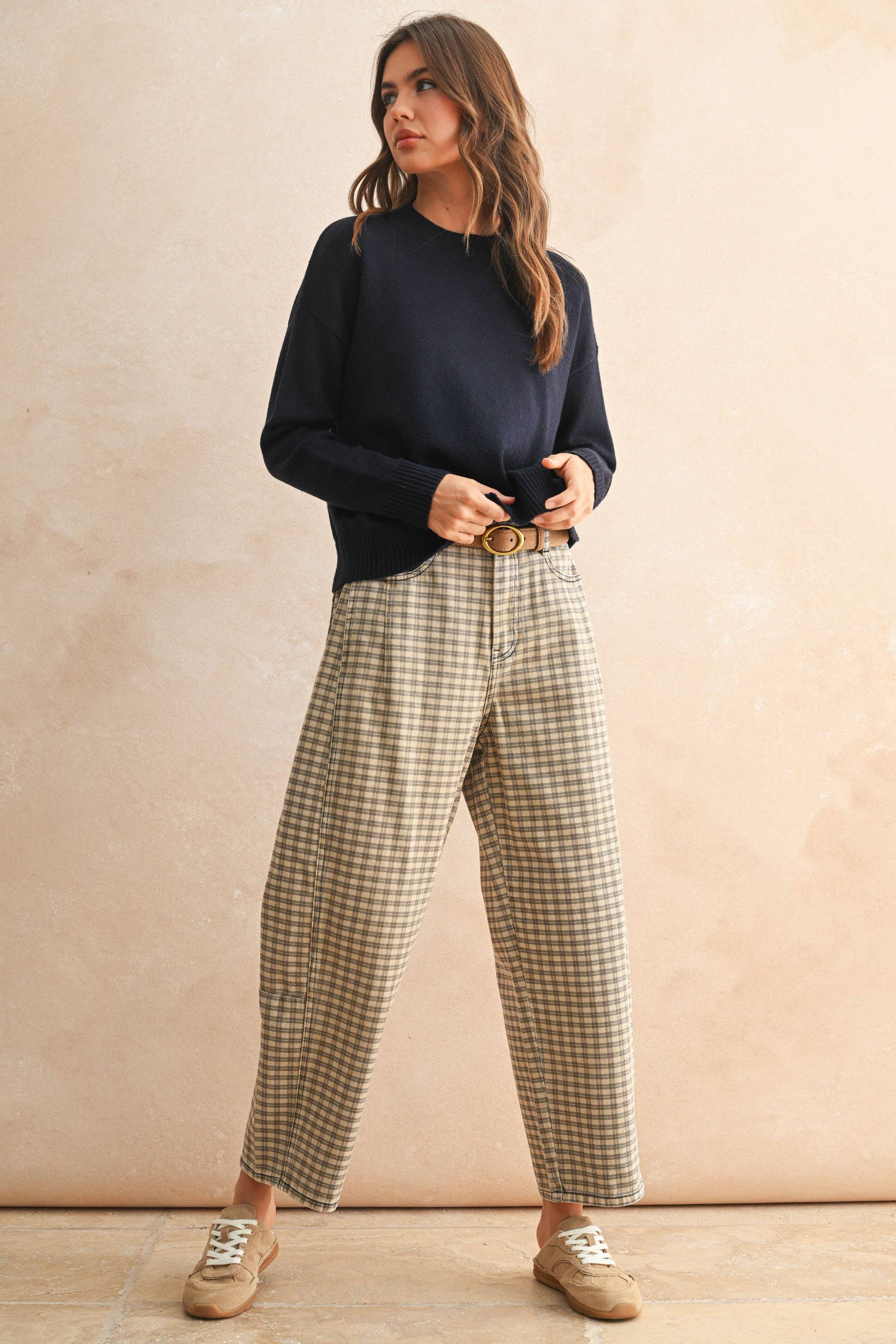 Autumn Grid Barrel Pants in Tan