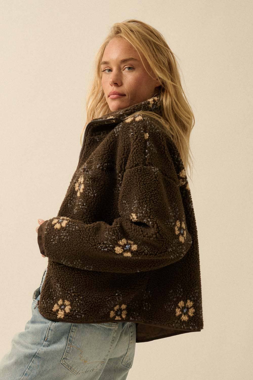 Everly Floral Print Sherpa Jacket in Brown