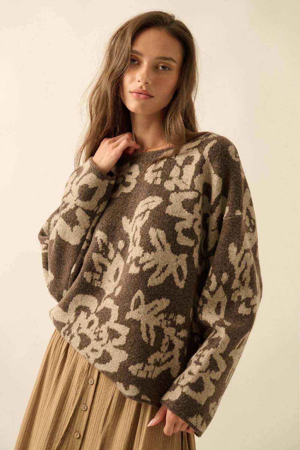 Abstract Bloom Jacquard Sweater in Chocolate