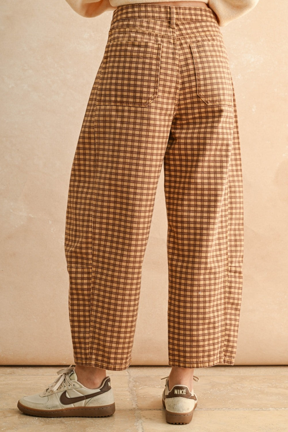 Autumn Grid Barrel Pants in Camel