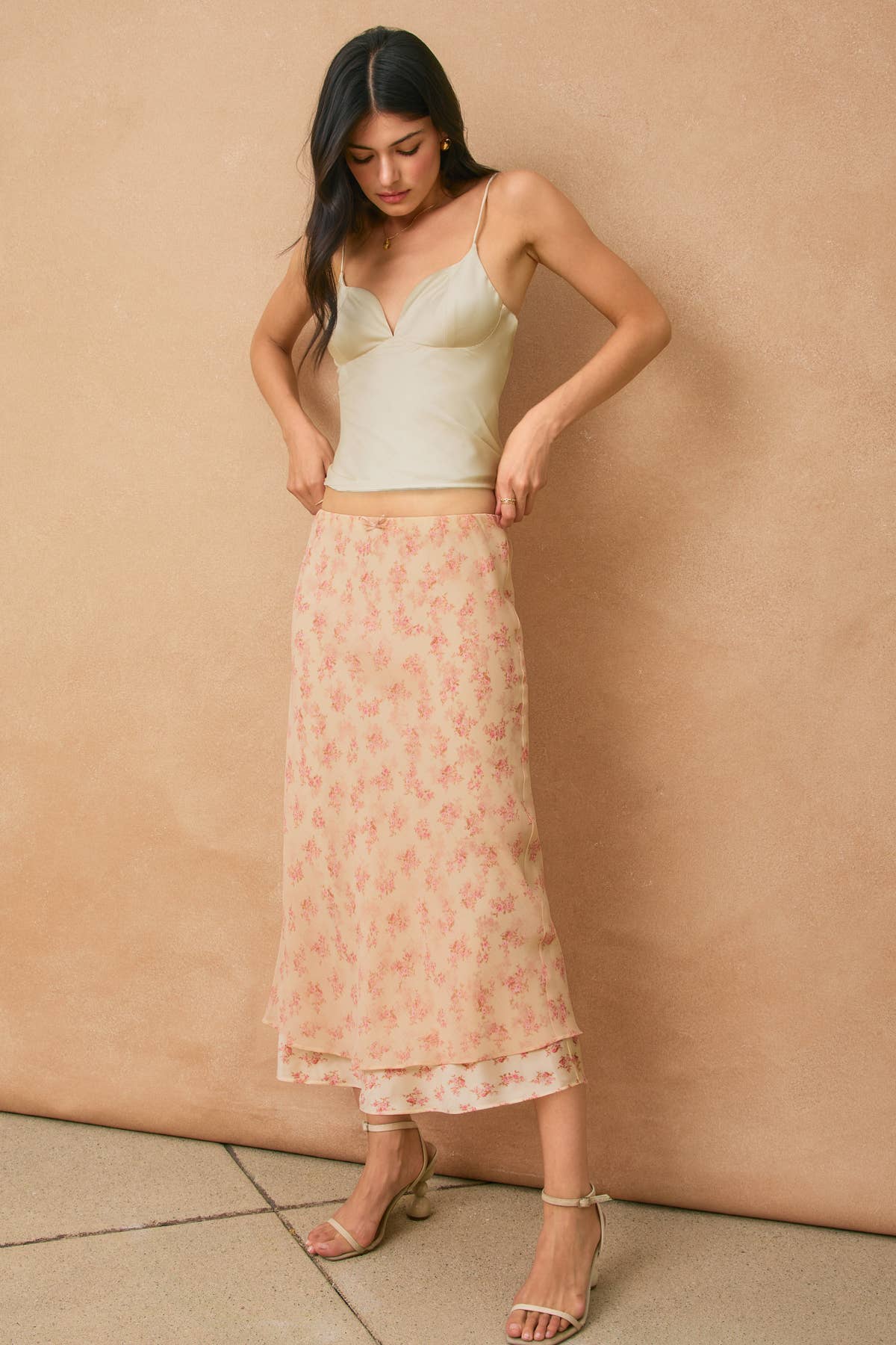 Rosewater Reverie Layered Print Midi Skirt