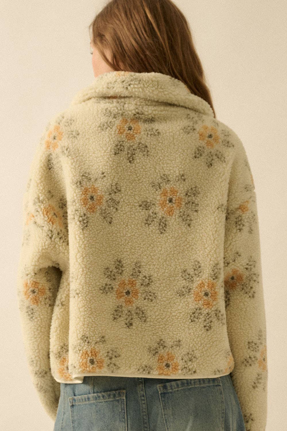 Everly Floral Print Sherpa Jacket in Cream