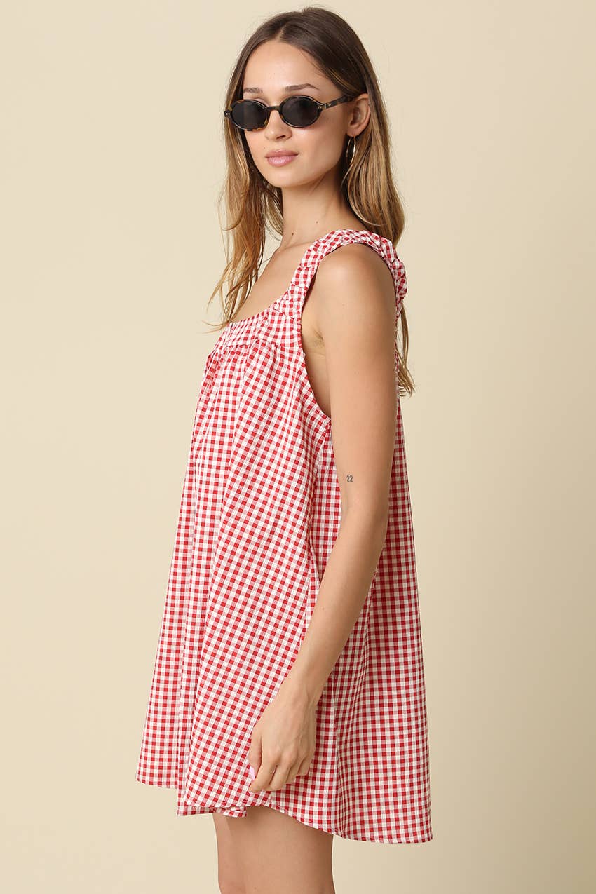 Randy Gingham Mini Dress in Red & Ivory