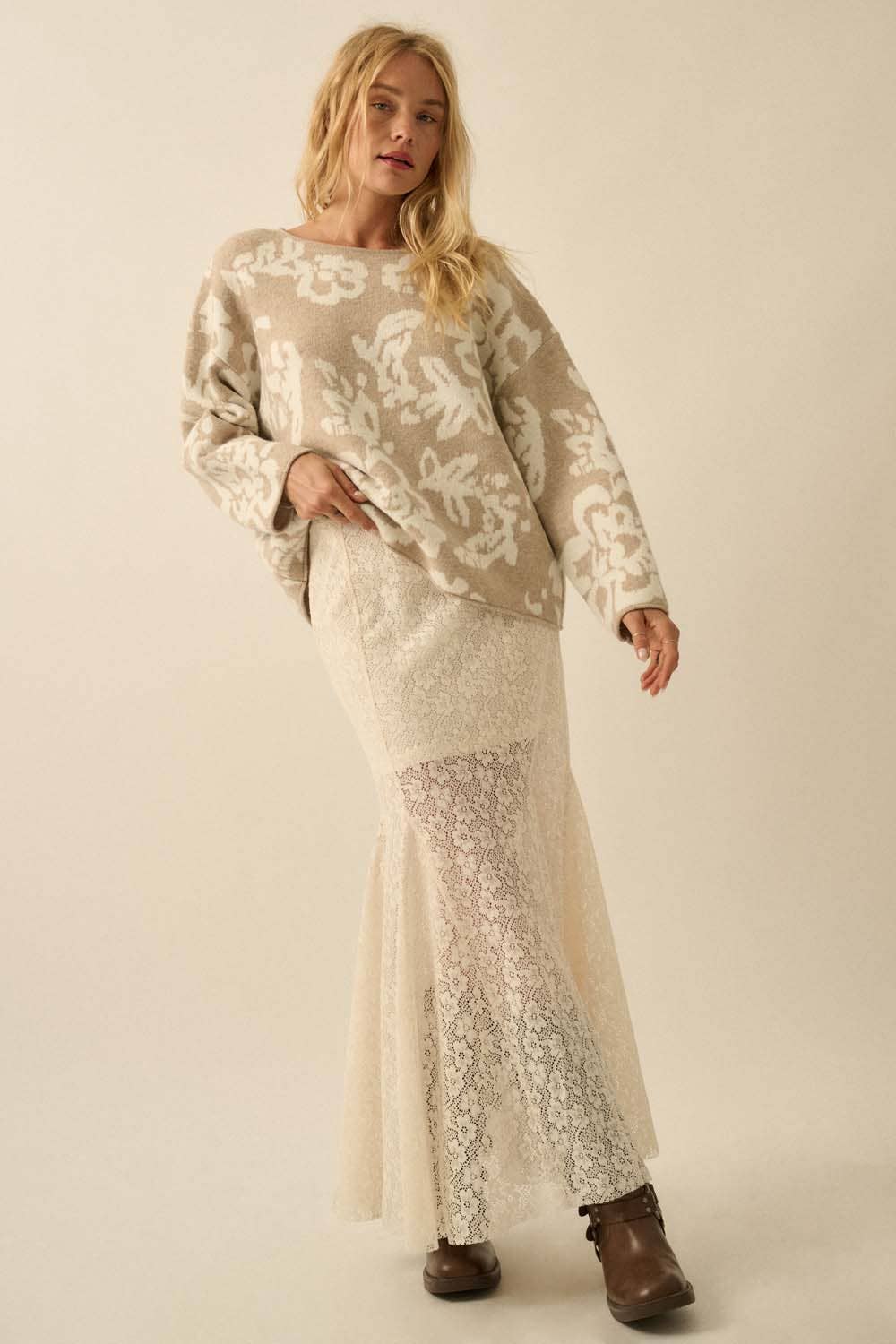 Abstract Bloom Jacquard Sweater in Sandstone