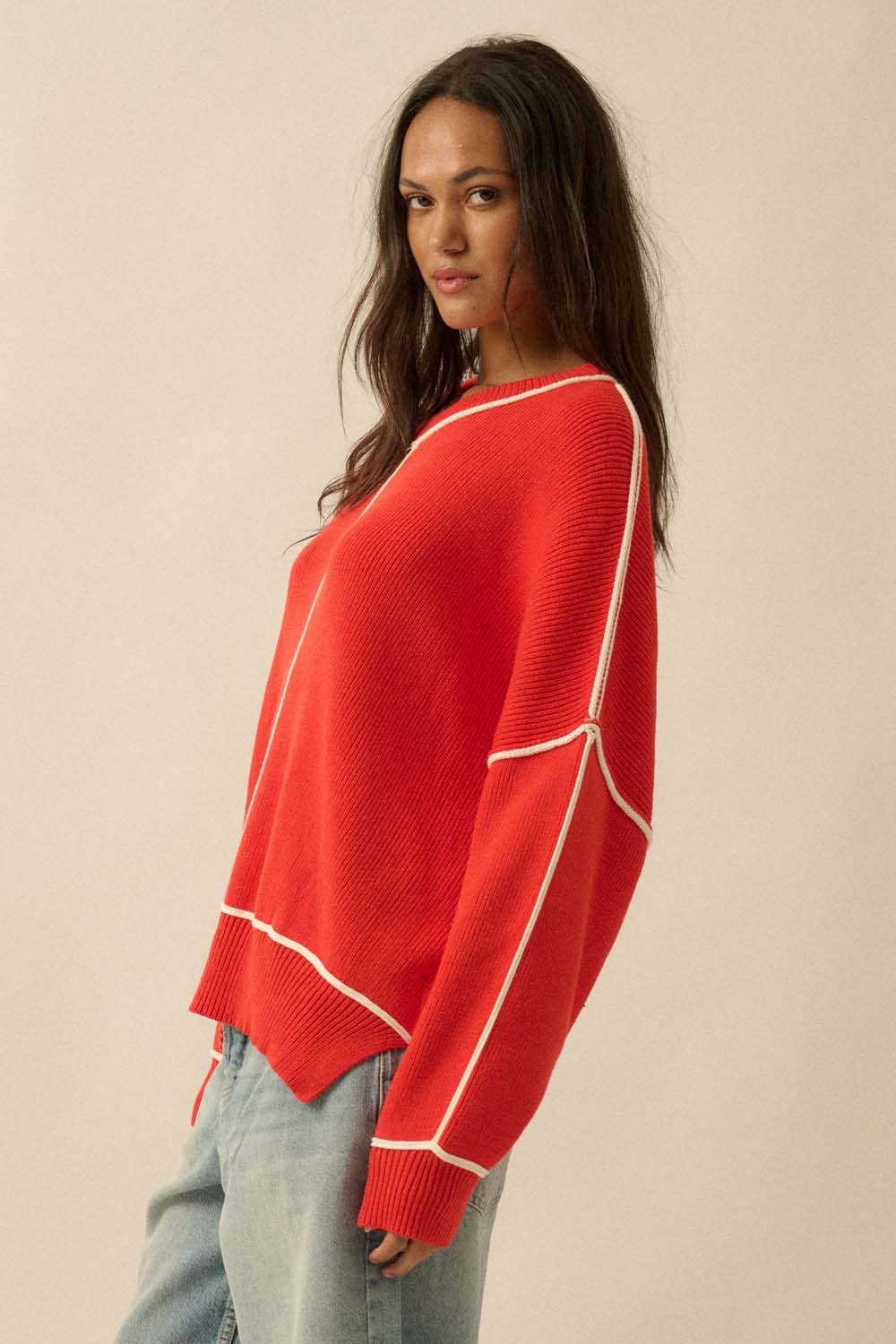 Contrast Stitch Ribbed Knit Sweater